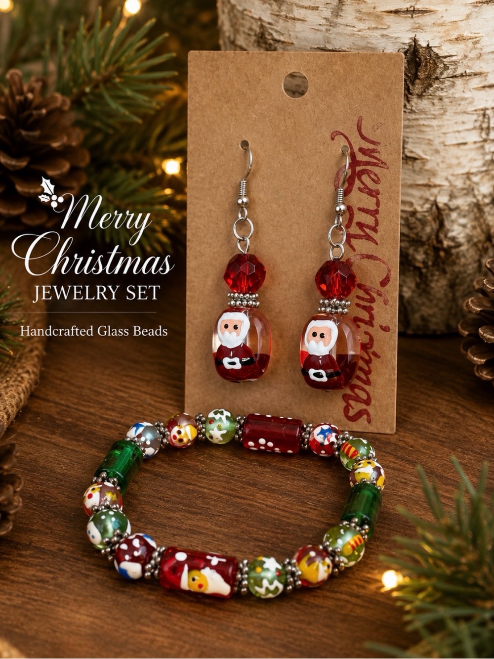 Vintage Handcrafted Christmas Lampwork Santa Earrings & Stretch Bracelet Set